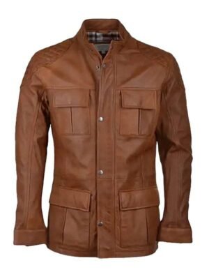 Four Pockets Men Brown Leather Jacket