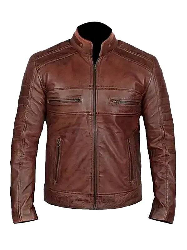 Mens Brown Distressed Leather Biker Jacket