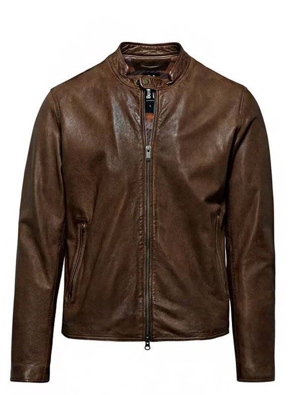 Mens Snap Tab Collar Brown Leather Jacket