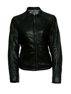 Women Black Slim Fit Motorcycle Leather Jacket