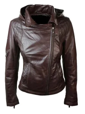 Womens Brown Biker Hooded Leather Jacket