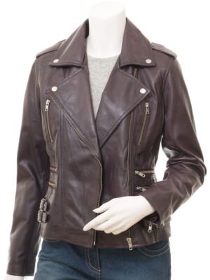 LADIES PURPLE LEATHER BIKER JACKET: TORONTO