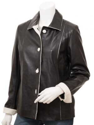 WOMEN'S BLACK & IVORY LEATHER JACKET: CUSSETA