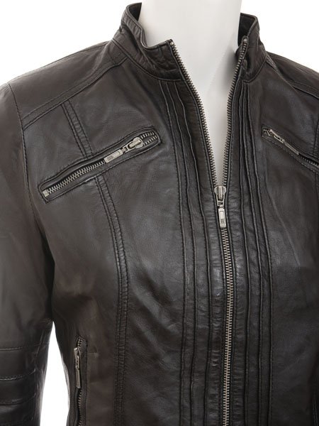 WOMEN'S BLACK LEATHER BIKER JACKET : BANKSTON