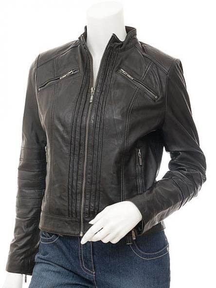 WOMEN'S BLACK LEATHER BIKER JACKET : BANKSTON