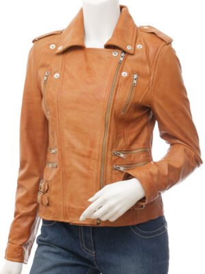 LADIES TAN LEATHER BIKER JACKET: TORONTO