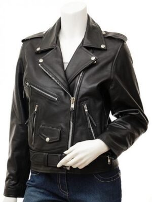 WOMEN'S BLACK LEATHER BIKER JACKET: CODEN