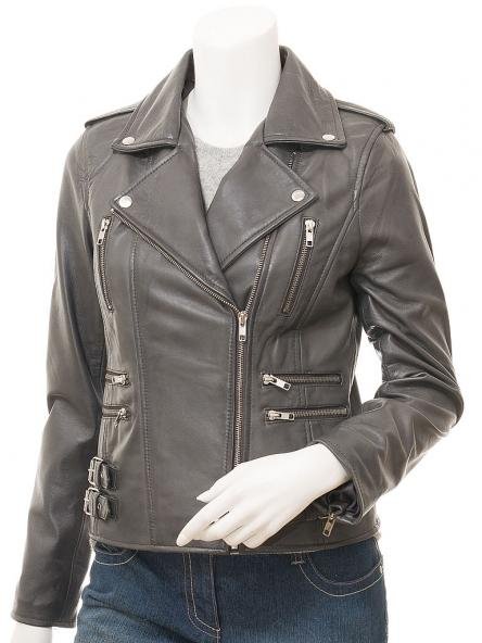 LADIES GREY LEATHER BIKER JACKET: TORONTO