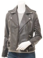 LADIES GREY LEATHER BIKER JACKET: TORONTO