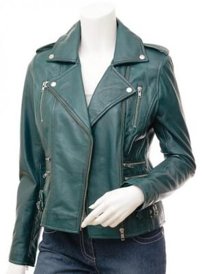 LADIES LEATHER BIKER JACKET IN TEAL: TORONTO