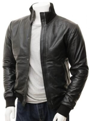 MEN'S BLACK LEATHER BOMBER JACKET: CHERITON