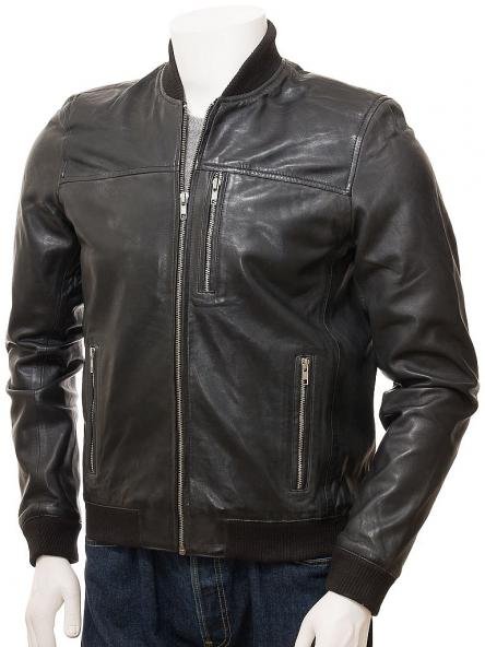 MEN'S BLACK LEATHER BOMBER JACKET: MARIANSLEIGH