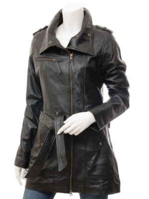 WOMEN'S BLACK LEATHER TRENCH COAT: CHICKASAW